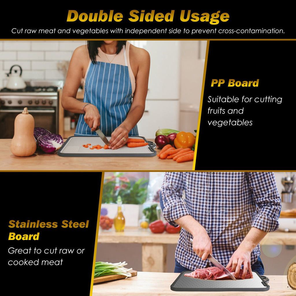 Premium Double-Sided Cutting Board Set (2-Piece) – Brushed Stainless Steel & Food-Grade PP, Built-In Grinding Zone & Knife Sharpener, Dishwasher Safe